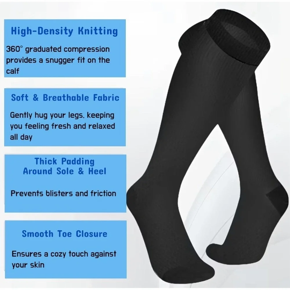 Unisex 20-30 mmHg Compression Socks L/XL Knee High Medical Black Rib 4 Pack NEW
